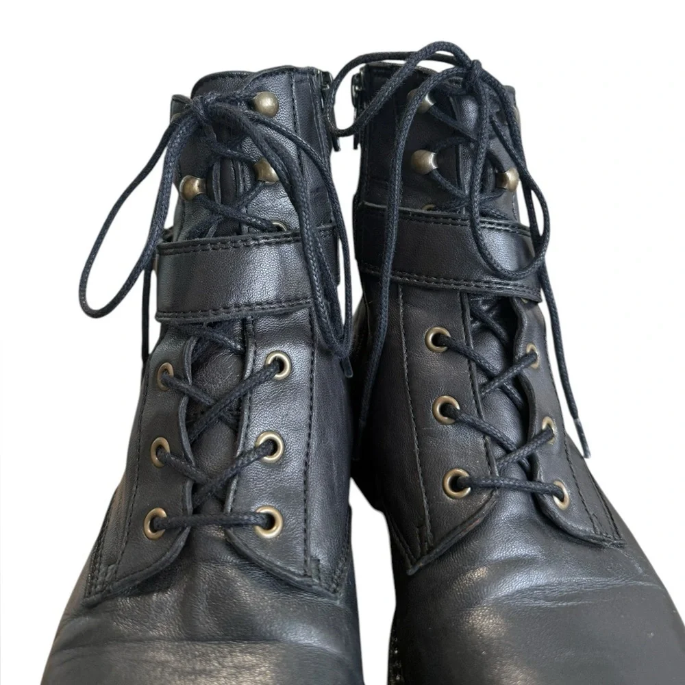 Sezane Black Leather Lace-Up Ankle Boots with Buckle